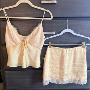 Abercrombie Satin Lace-Hem Mini Skirt & Tank Set in Yellow